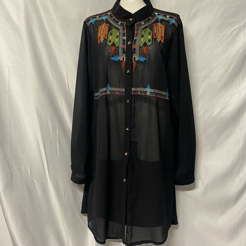 2xtremz Tunic Dress Blouse Shear Black Embroidery Feather Art XL